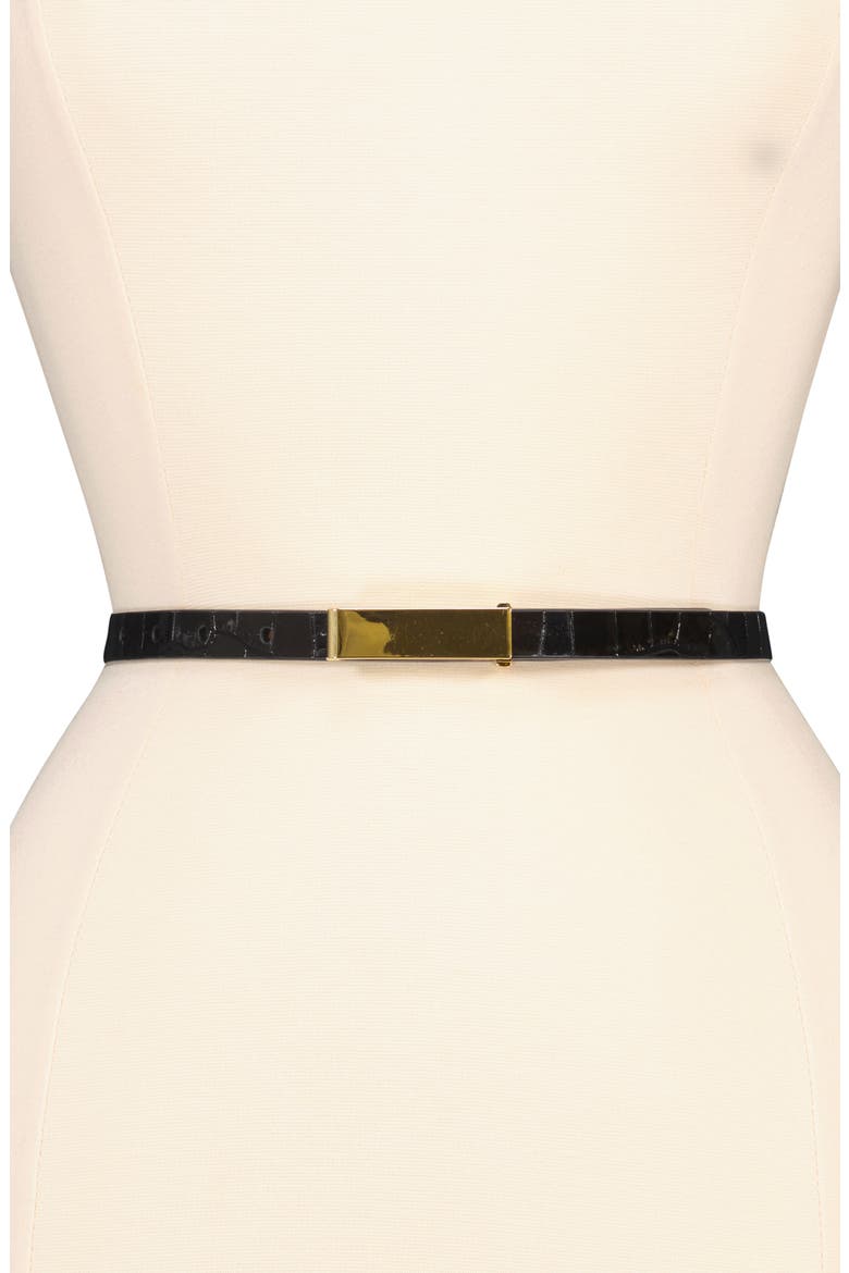 Skinny Croc Embossed Leather Belt, Alternate, color, BLACK