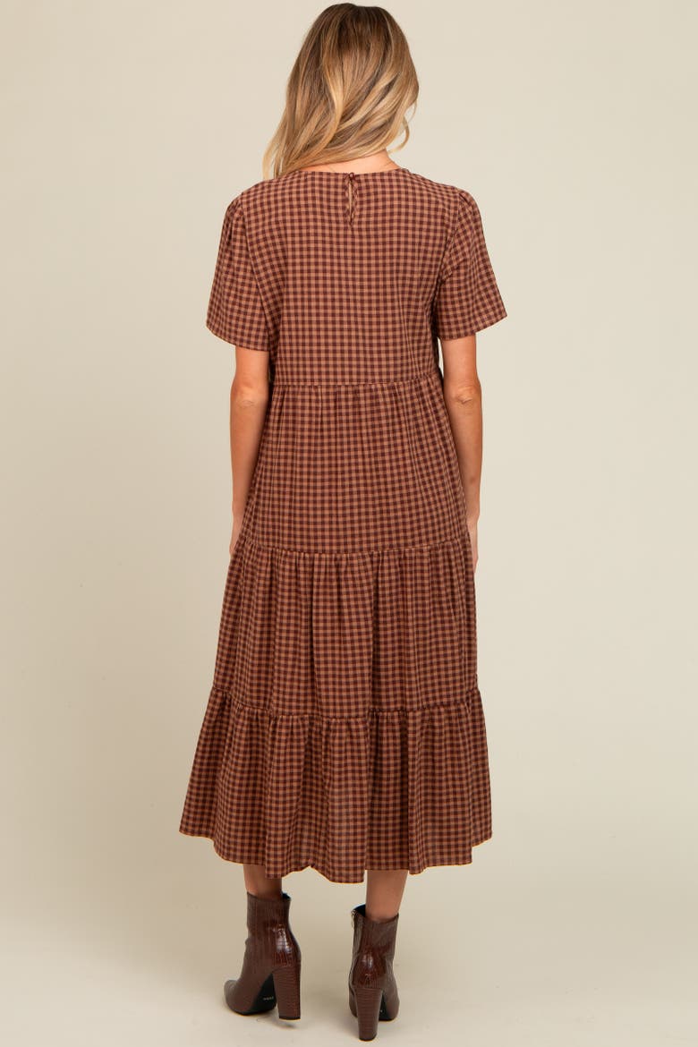 Gingham Tiered Midi Dress, Alternate, color, Mocha