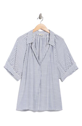 Max Studio Yarn Dye Stripe Short Sleeve Top In Blue