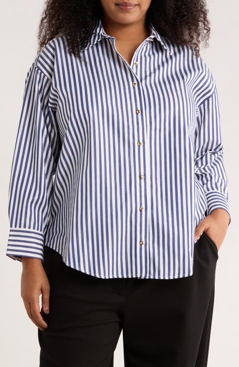 Stripe Metallic Button-Up Shirt (Plus)