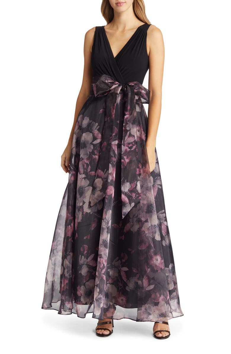 Eliza J Sleeveless Faux Wrap Ballgown, Main, color, Black/ Plum