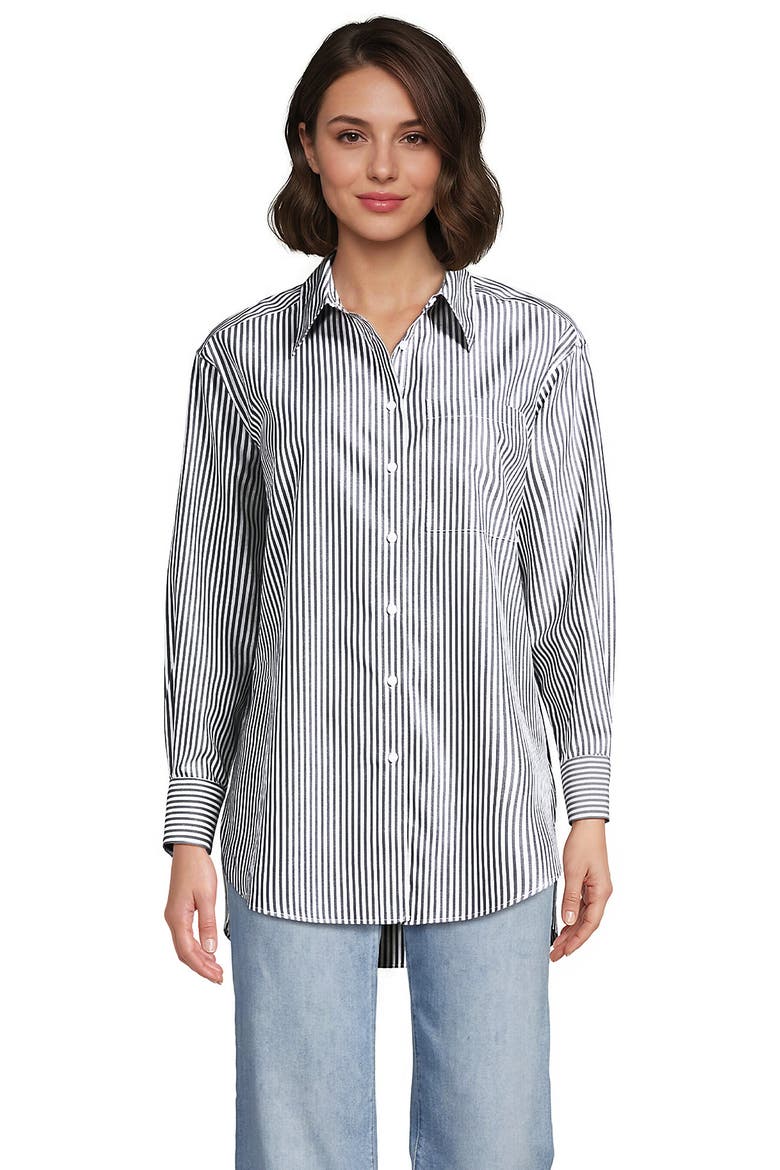 No Iron Oversized Poplin Extra Long Tunic, Main, color, Forest Moss/White Stripe