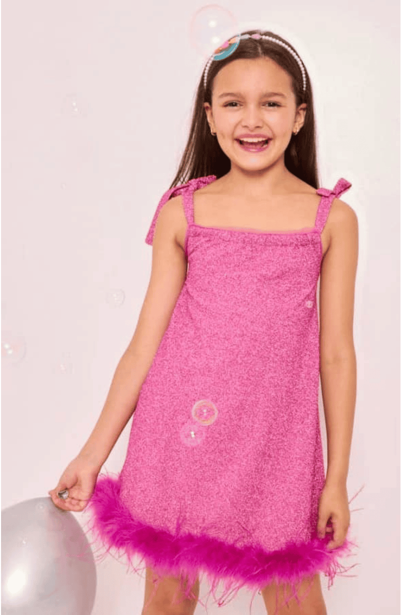 Lola + The Boys Metallic Feather Trim Dress, Alternate, color, Pink