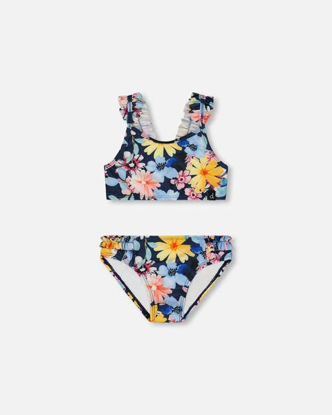 Little Girl's Printed Two-Piece Swimsuit Navy And Yellow And Pink Flowers