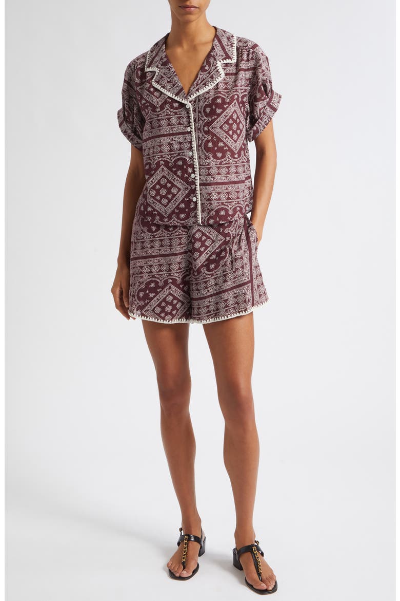Ilene Mosaic Print Button Front Crop Top, Alternate, color, RAISIN DOVE