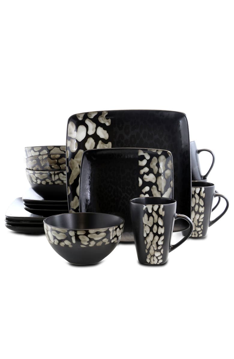 Elama Savannah 16 Piece Stoneware Dinnerware Set, Main, color, Black