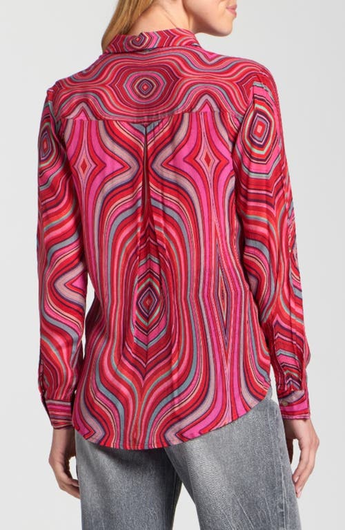 Apny Abstract Print Roll Tab Sleeve Chiffon Button-up Shirt In Pink