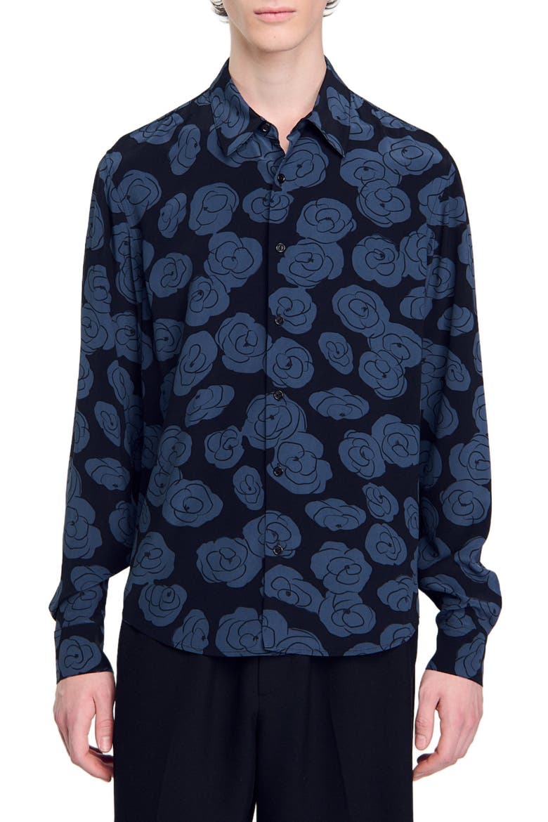 Camellia motif shirt, Main, color, Black