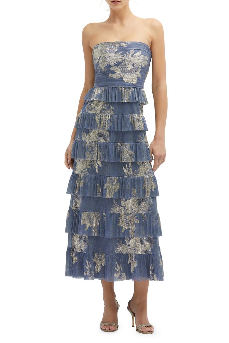 Floral Print Ruffle Strapless Dress, Main, color, FRENCH BLUE