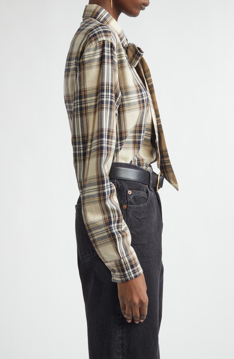 Saint Laurent Relaxed Plaid Tie Neck Button-Up Shirt, Alternate, color, Brighton Checks