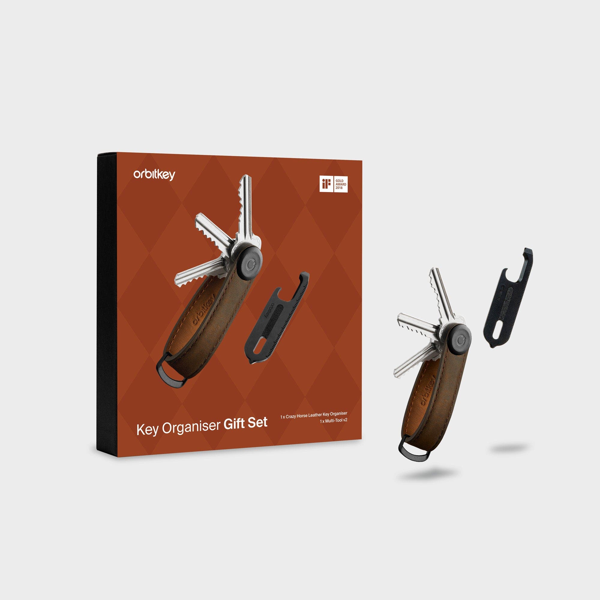 Orbitkey CrazyHorse Key Organiser + Multitool v2 Set, Main, color, Oak Brown