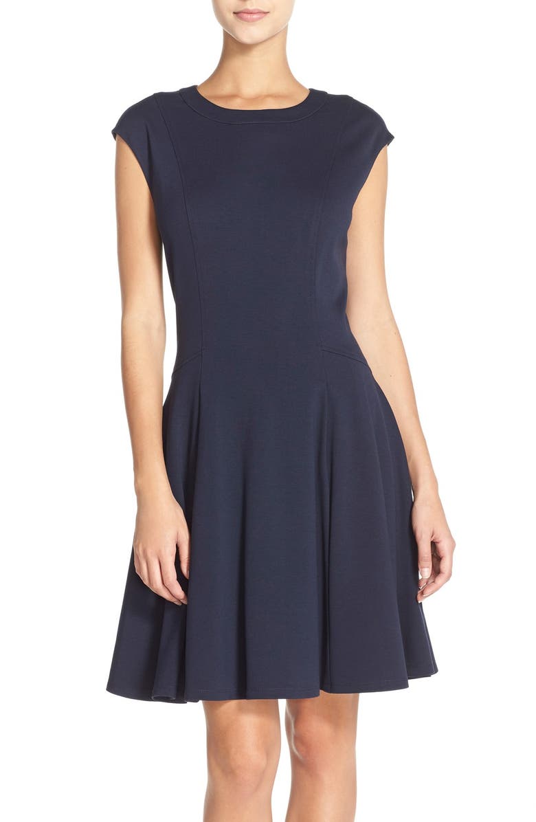 Eliza J Cap Sleeve Ponte Fit & Flare Dress, Main, color, 