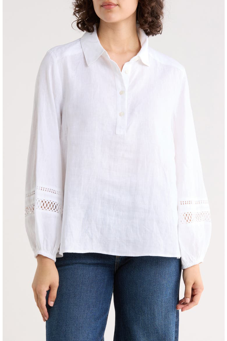 Coastalina Long Sleeve Linen Polo, Main, color, WHITE