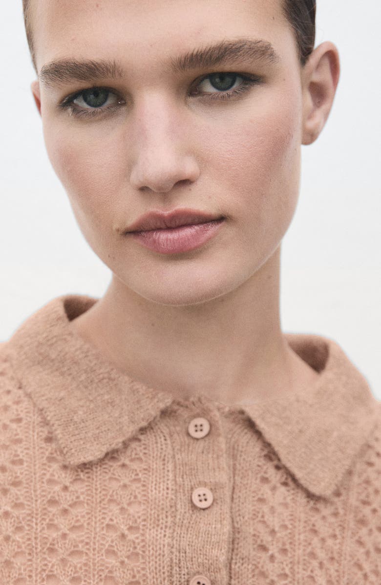 MANGO Openwork Knit Polo, Alternate, color, Medium Brown