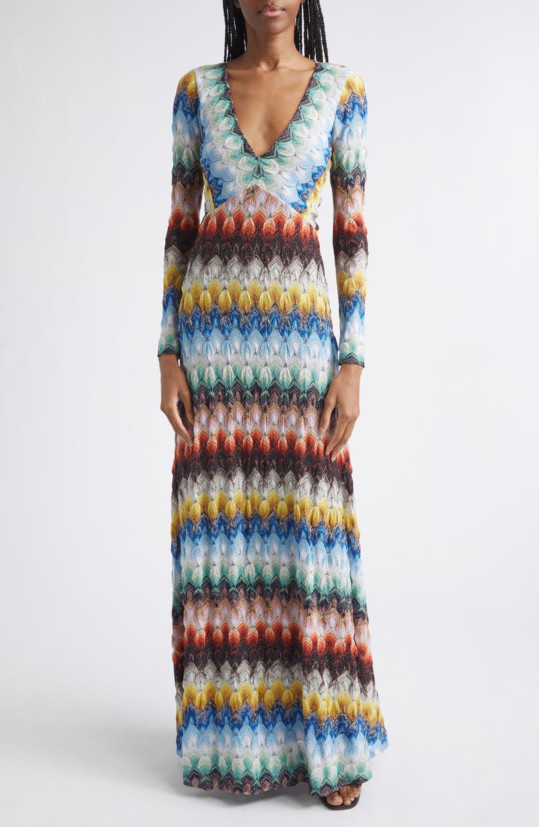 Missoni Metallic Long Sleeve Knit Lace Dress, Main, color, Multicolor On Black Base