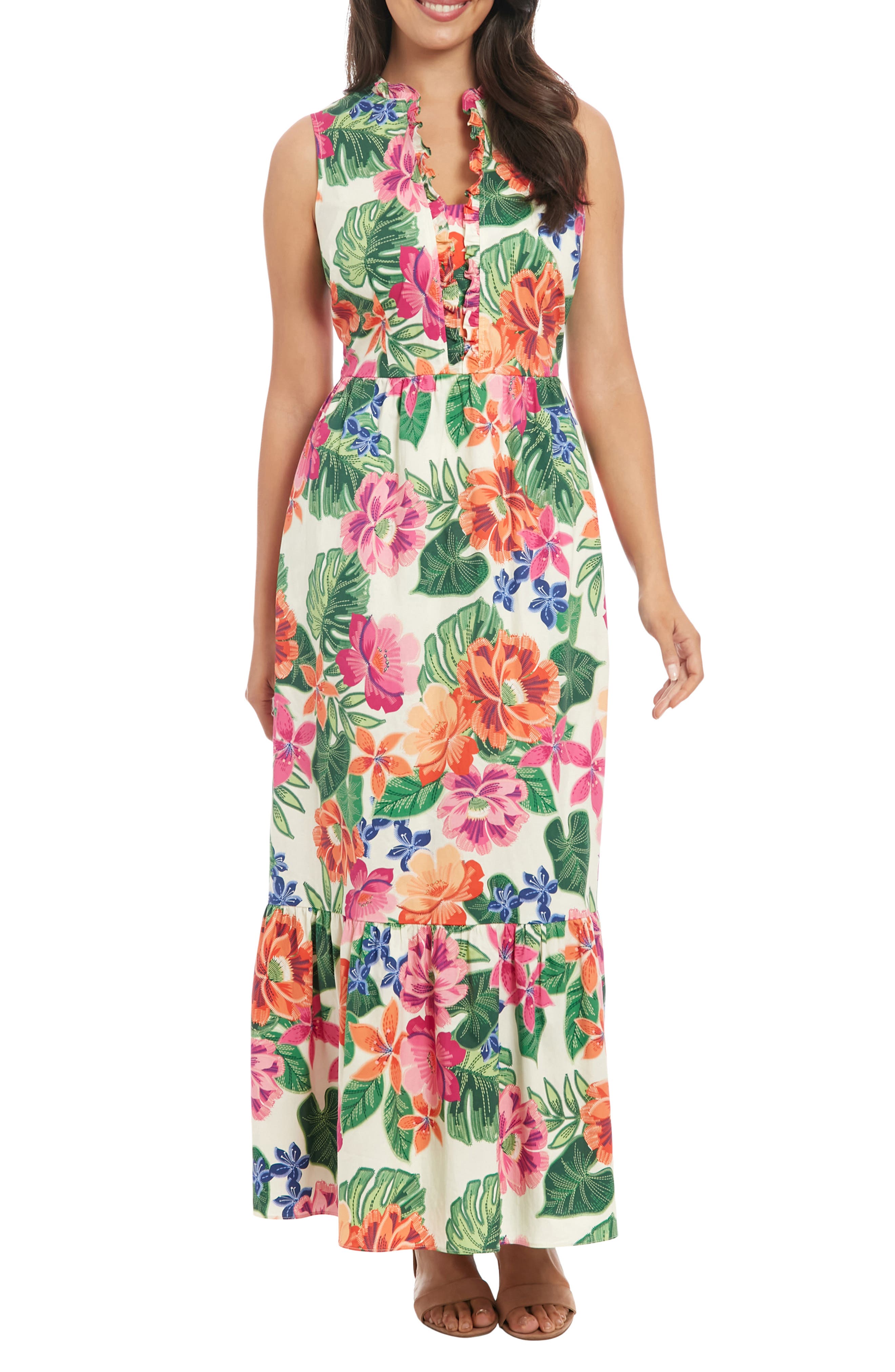 London Times Floral Sleeveless Stretch Cotton Poplin Maxi Dress