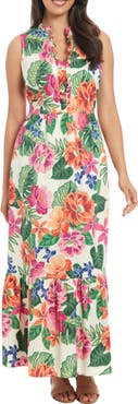 London Times Floral Sleeveless Stretch Cotton Poplin Maxi Dress