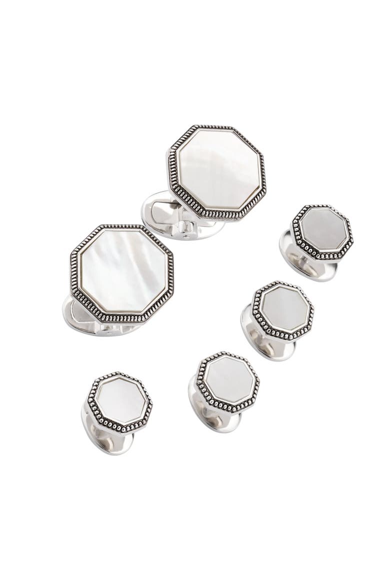 Octagon Antique Sterling Cufflinks & Studs, Main, color, WHITE