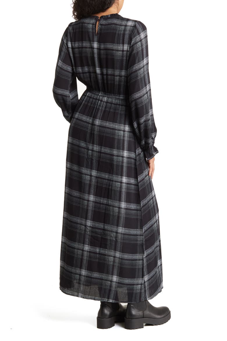 Floral Print Ruffle Long Sleeve Ankle Length Dress, Alternate, color, BLACK PLAID