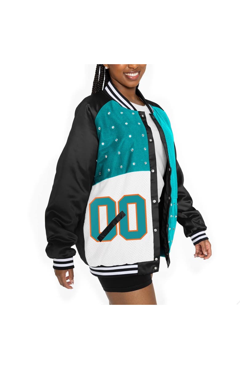 GAMEDAY COUTURE Women's Gameday Couture  Black/Aqua Miami Dolphins Oversized Hot Shot Rhinestone Throwback Full-Snap Varsity Bomber Jacket, Alternate, color, Black