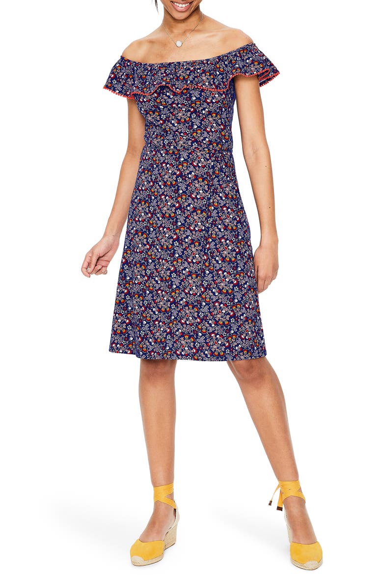 Bethany Off the Shoulder Dress, Main, color, LAPIS/ RED POP EXOTIC GARDEN