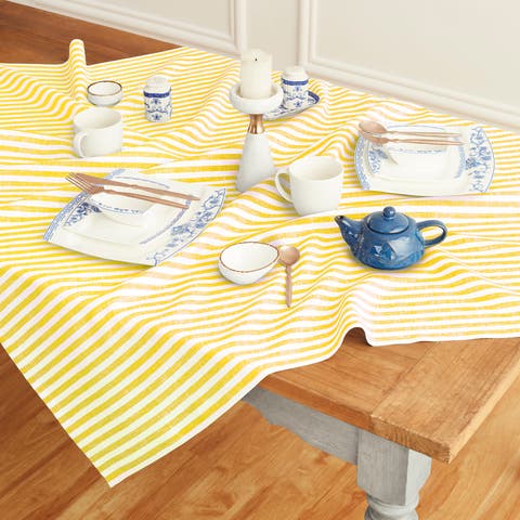 Linen Table Throw 52 x 52 Inch for Dining Table, Holiday and Everyday Table Decor - Amalfi Stripe