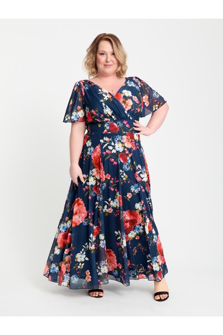 Isabelle Printed Angel Sleeve Maxi Dress, Main, color, Navy Red Multi
