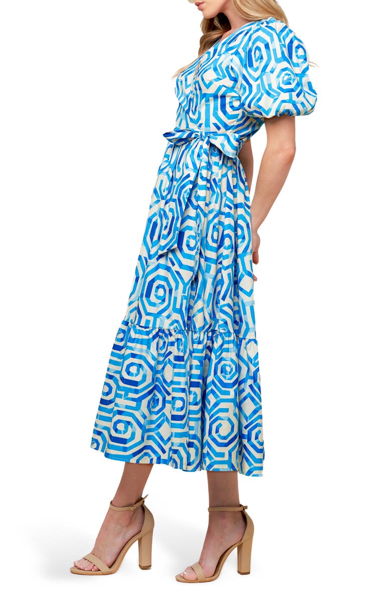FLYING TOMATO Print Woven Wrap Dress, Alternate, color, Off White/ Blue