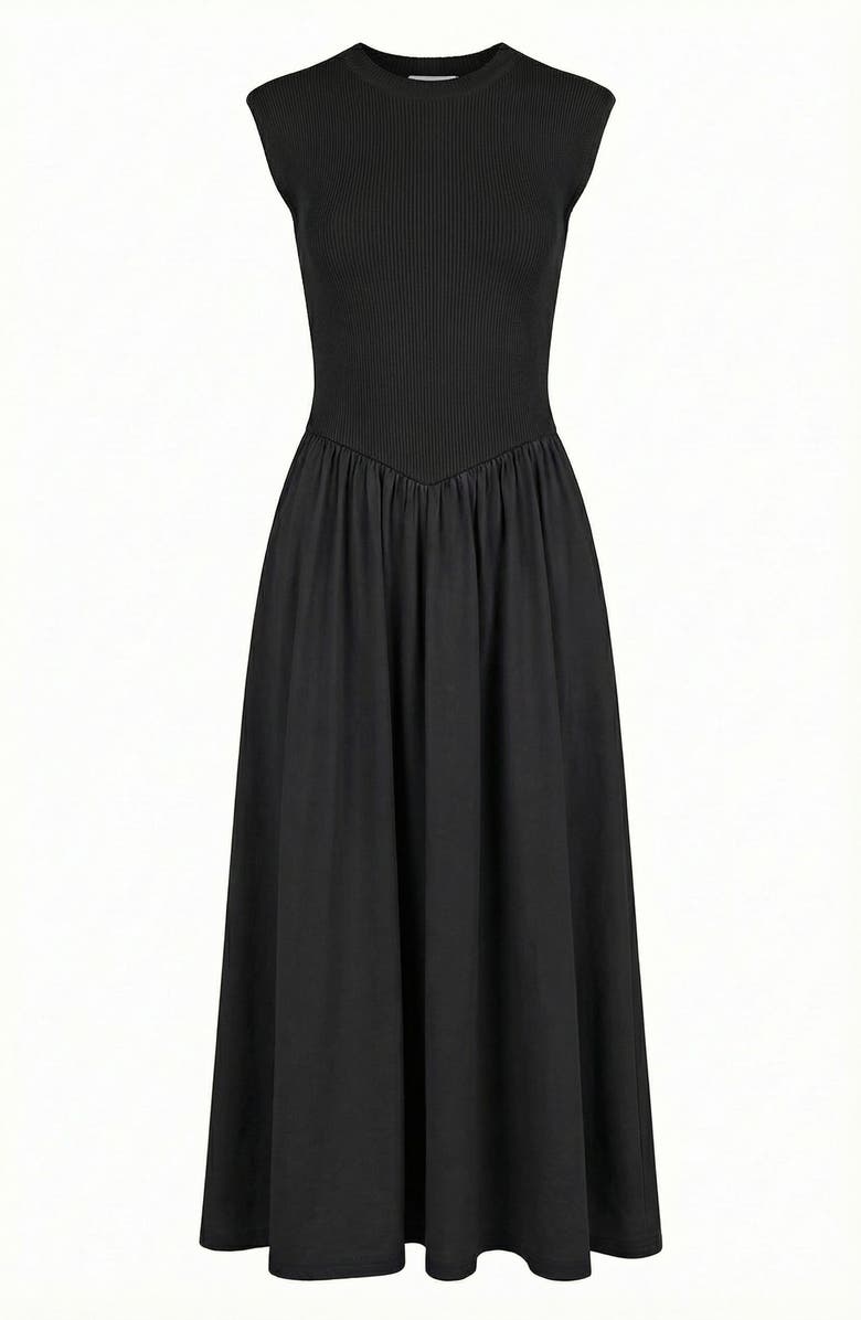 Modenaire Cap Sleeve Fitted Gathered Midi Dress, Alternate, color, Black