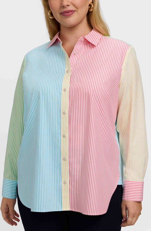 Half Stripe Cotton Button-Up Blouse