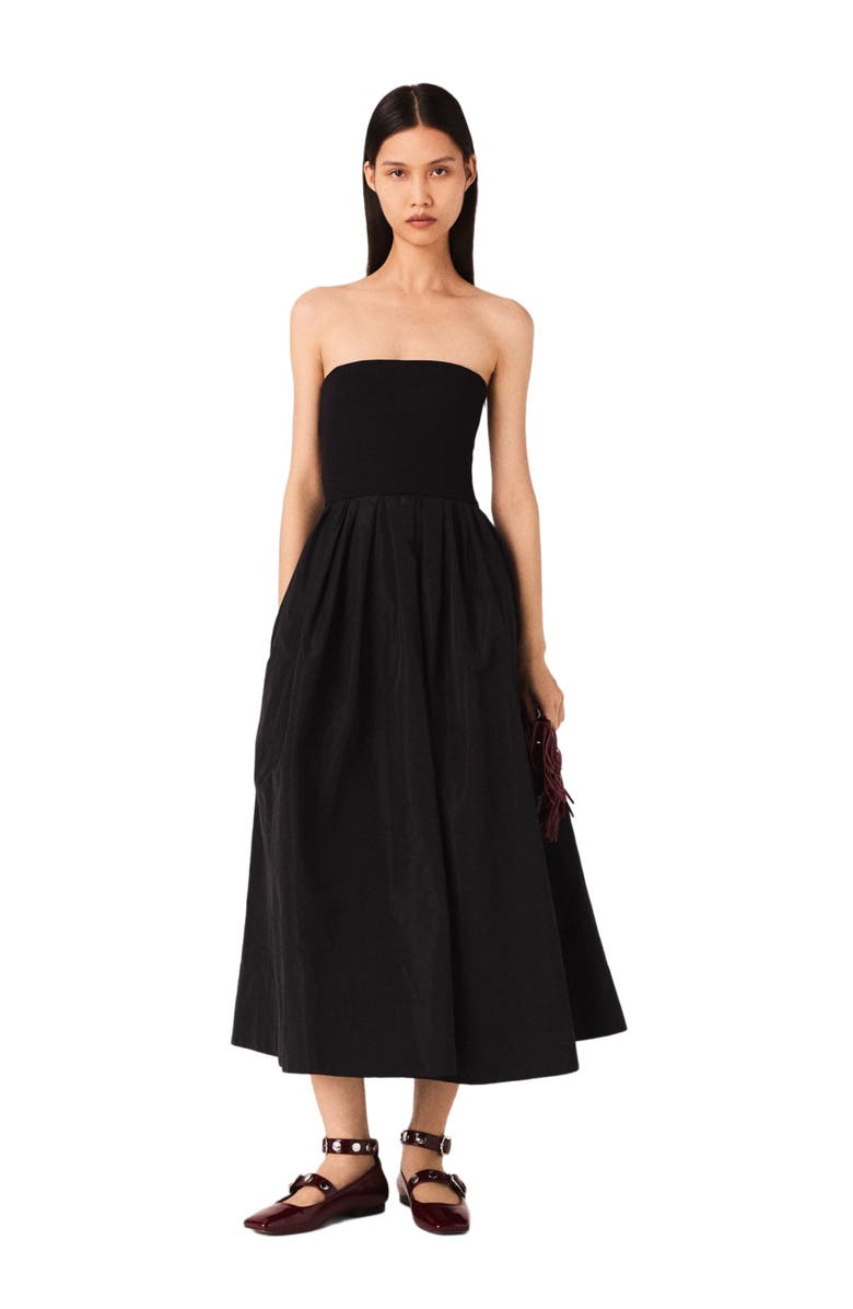 maje Strapless mesh and taffeta dress, Main, color, Black