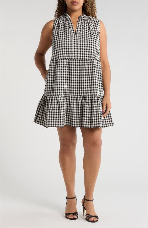 Plaid Gemmely Sleeveless Cotton Minidress (Plus)