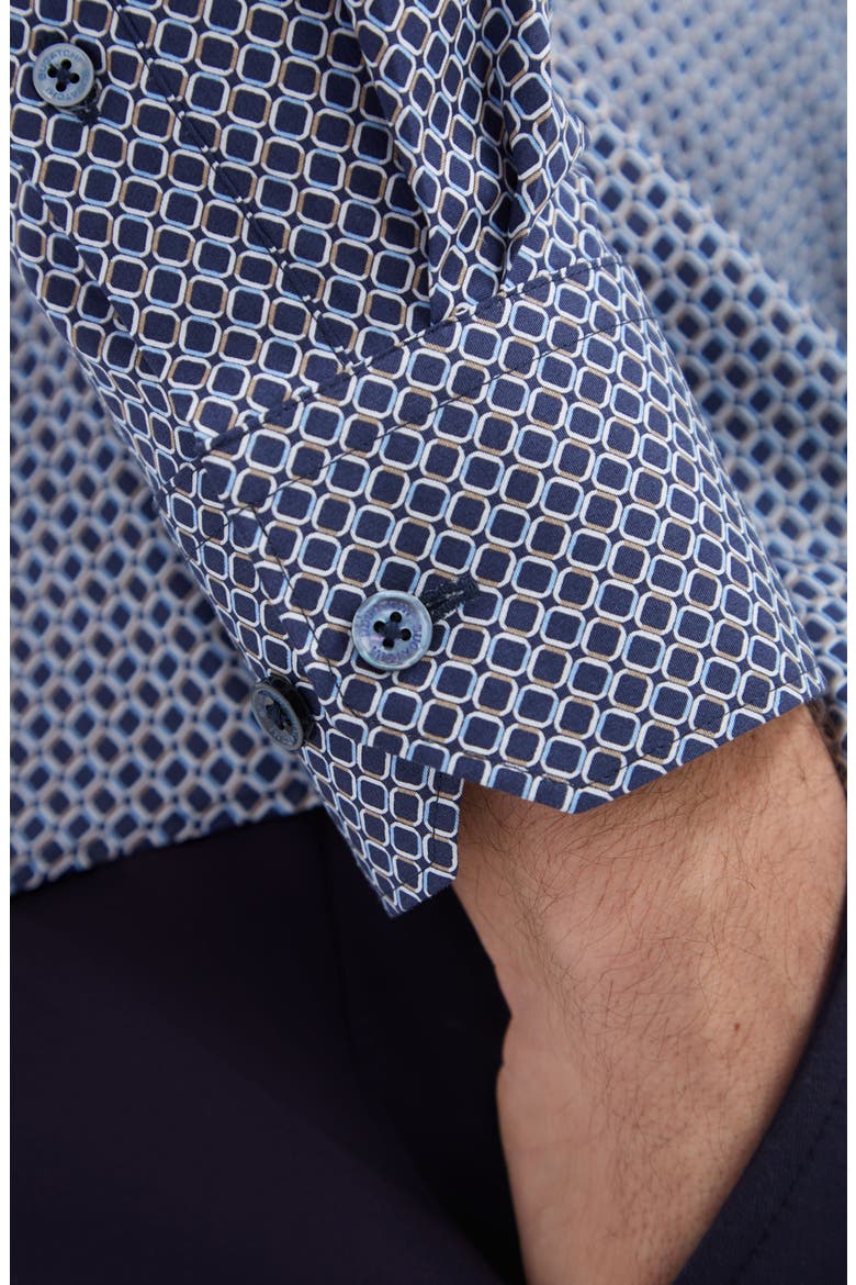 Axel Shaped Fit Geo Print Stretch Button-Up Shirt, Alternate, color, NAVY