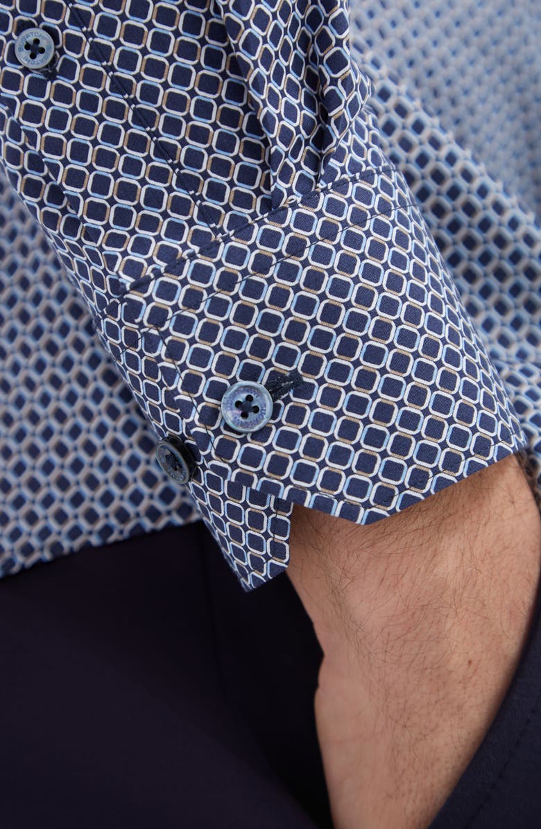 Bugatchi Axel Shaped Fit Geo Print Stretch Button-Up Shirt, Alternate, color, Navy