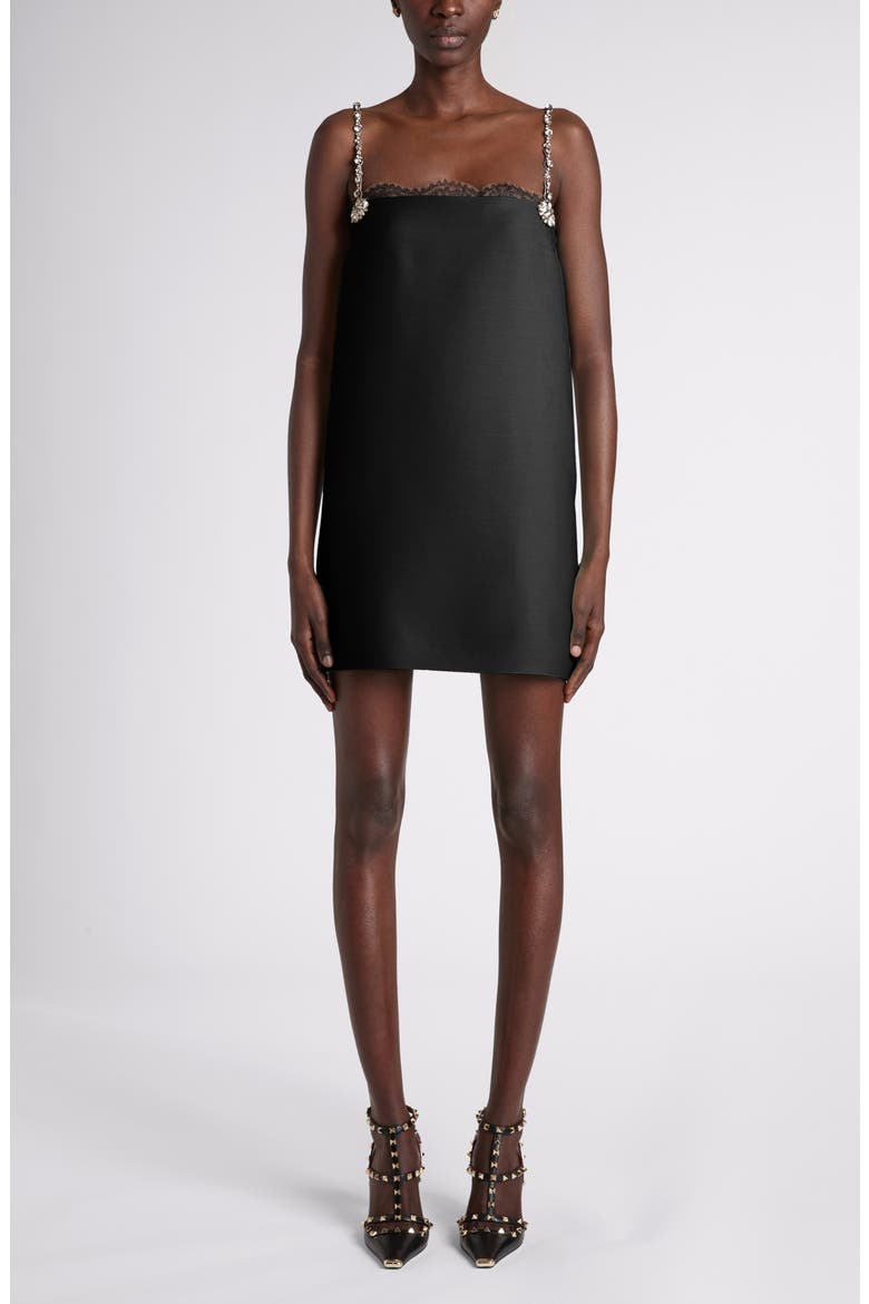 Crystal & Lace Trim Wool & Silk Crepe Minidress, Main, color, BLACK/ SILVER