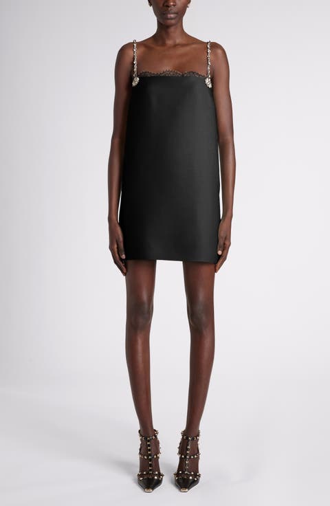 Crystal & Lace Trim Wool & Silk Crepe Minidress