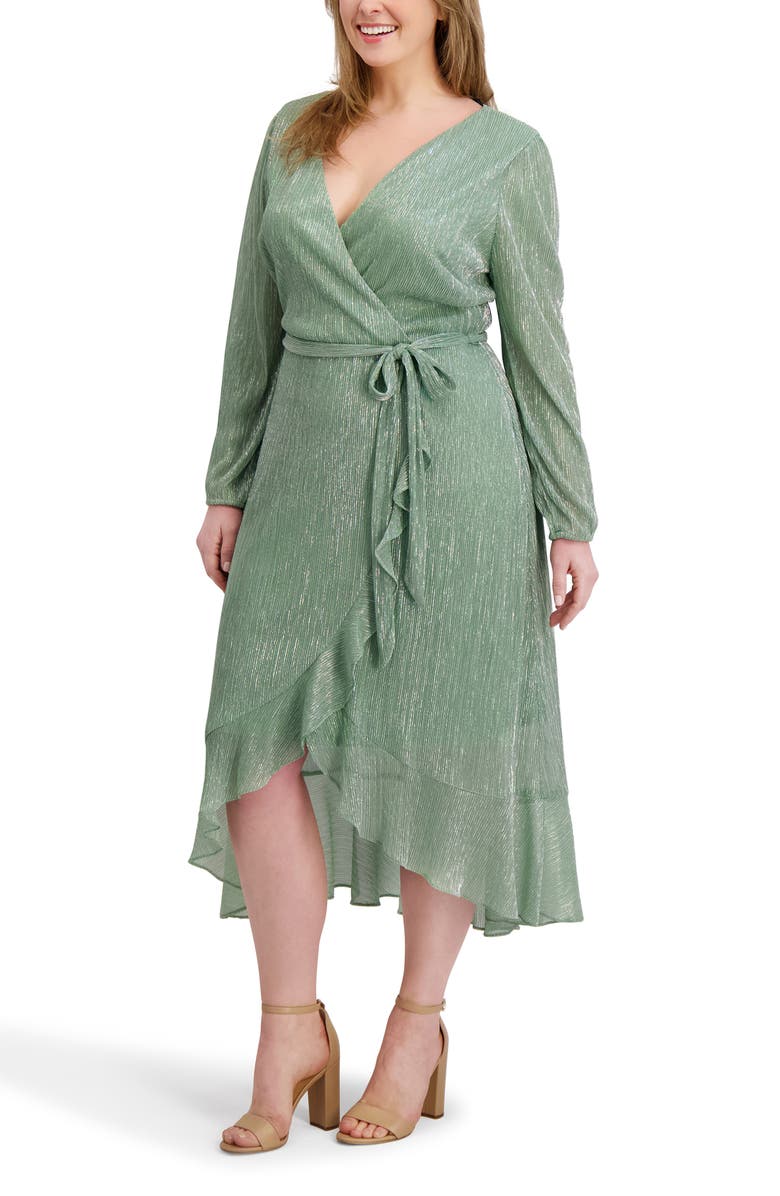 Kensie Ruffled Metallic Long Sleeve High-Low Maxi Dress, Alternate, color, Sage