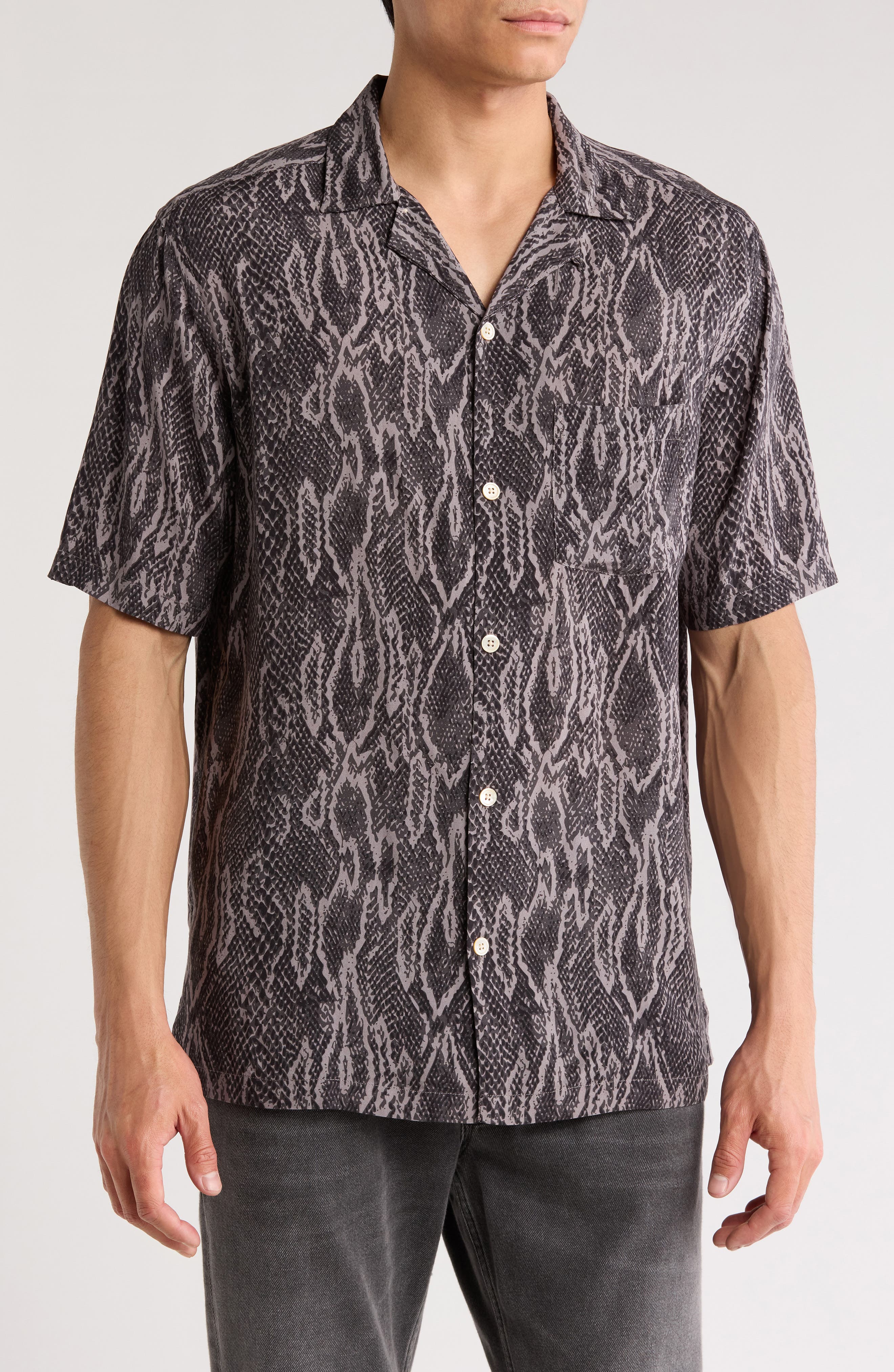 AllSaints Boomslang Snakeskin Print Camp Shirt