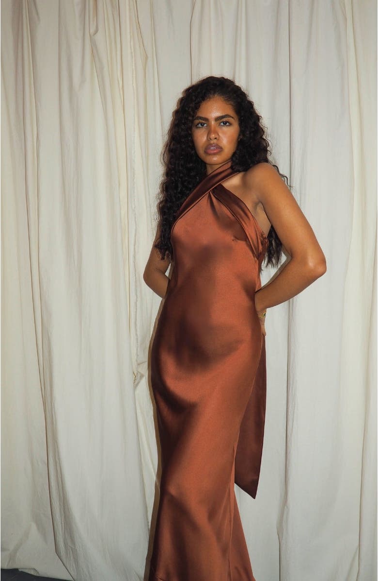 Rewritten Roma Halter Neck Dress, Alternate, color, Cinnamon