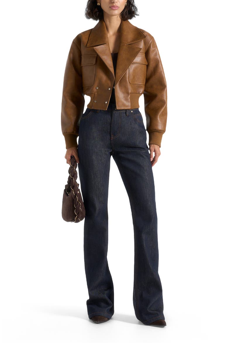 Cosette Vintage Leather Lapel Bomber Jacket, Main, color, Brown
