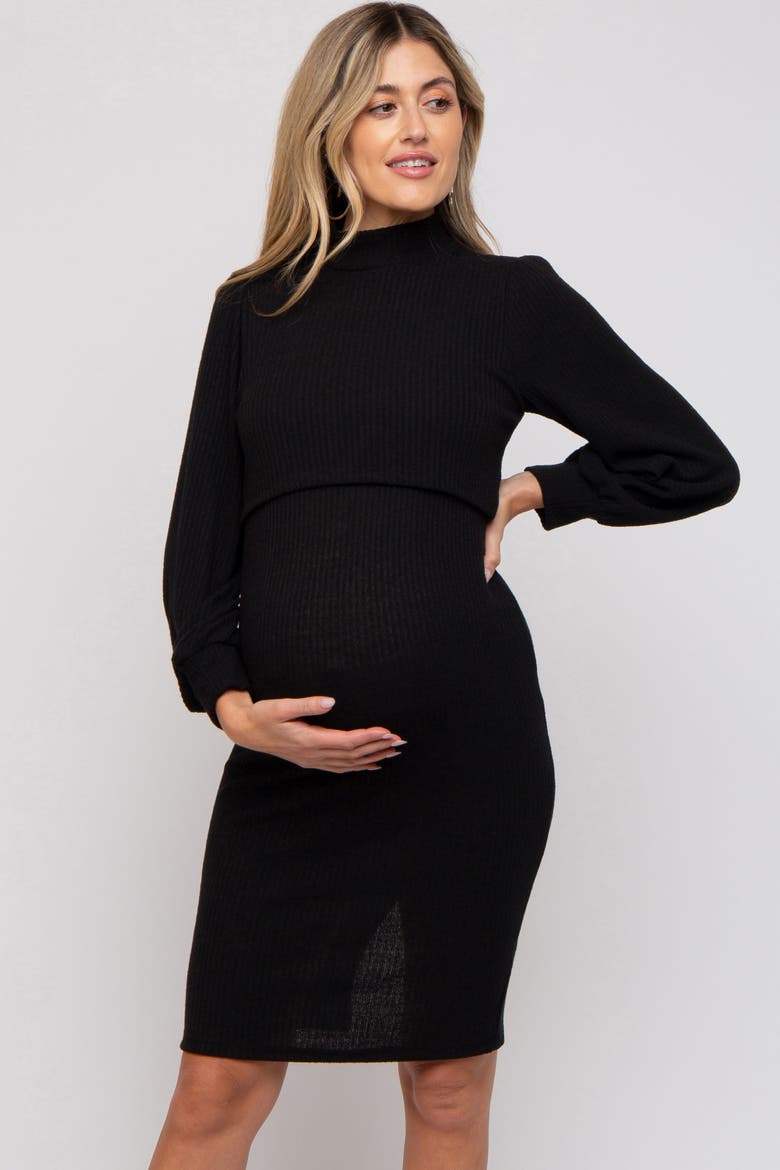 Rib Knit Mock Neck Mock Neck Nursing Dress, Alternate, color, Black
