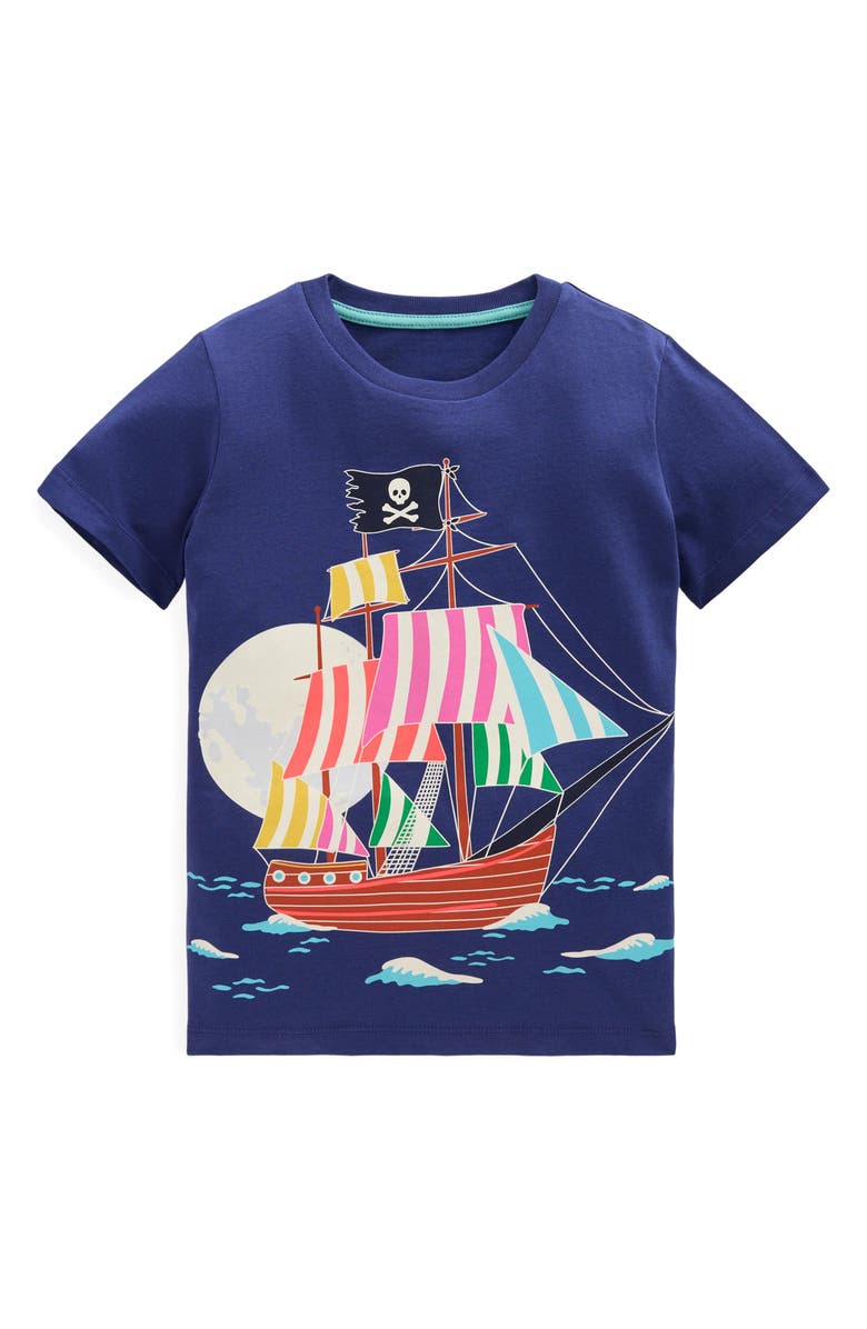 Mini Boden Kids' Glow in the Dark Pirate Graphic T-Shirt, Main, color, Starboard Blue Pirate Ship