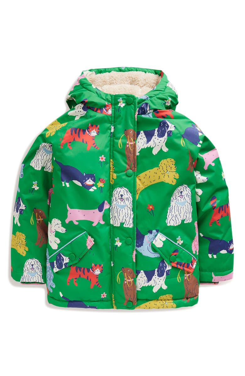 Mini Boden Kids' Pets Print Zip-Up Hooded Puffer Jacket, Main, color,