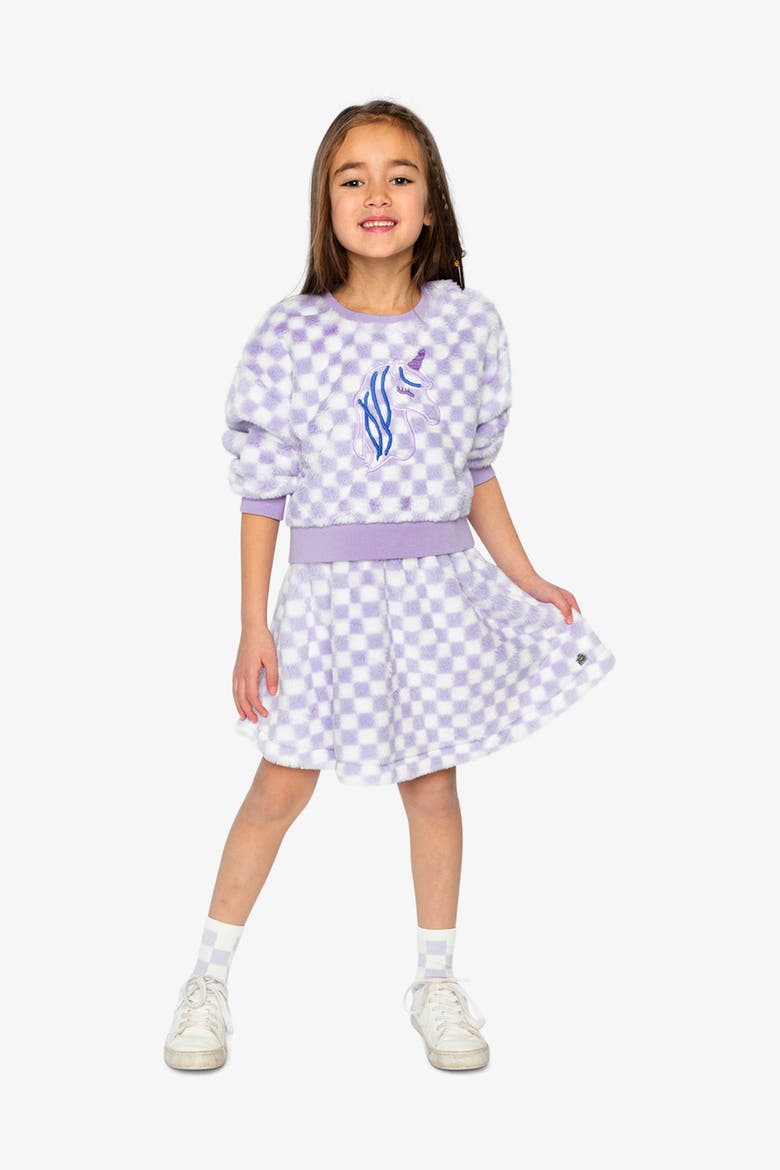 Checkered Faux Fur A-Line Skirt, Alternate, color, Lilac and White Tiles