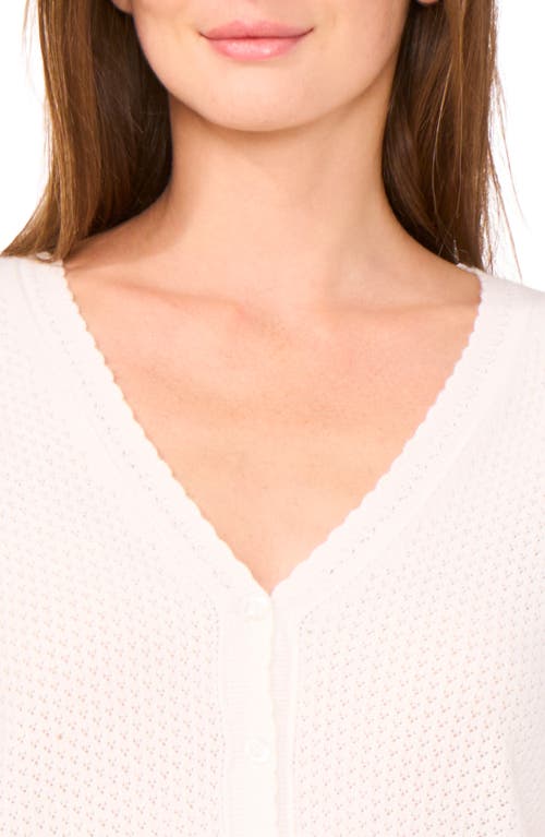 Cece Pointelle Knit Short Sleeve Cardigan In White