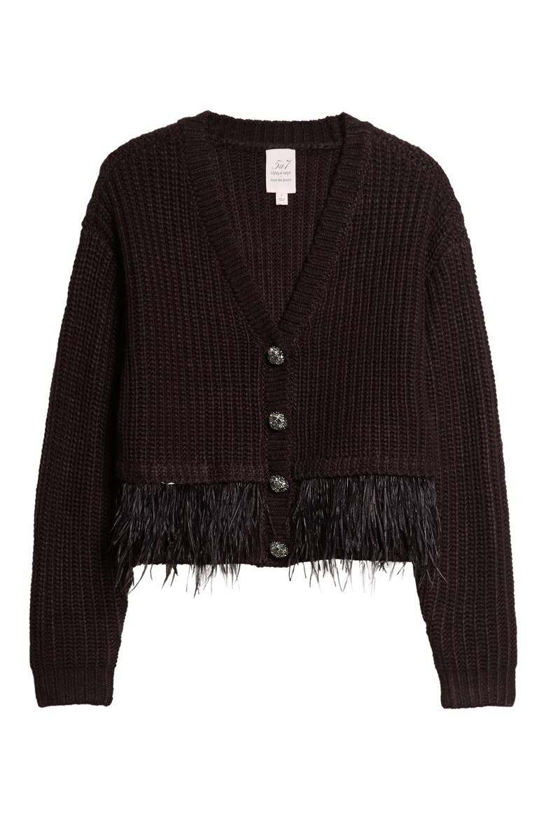 Krissi Embellished Button Feather Trim Cardigan, Main, color, BLACK/ SMOKE
