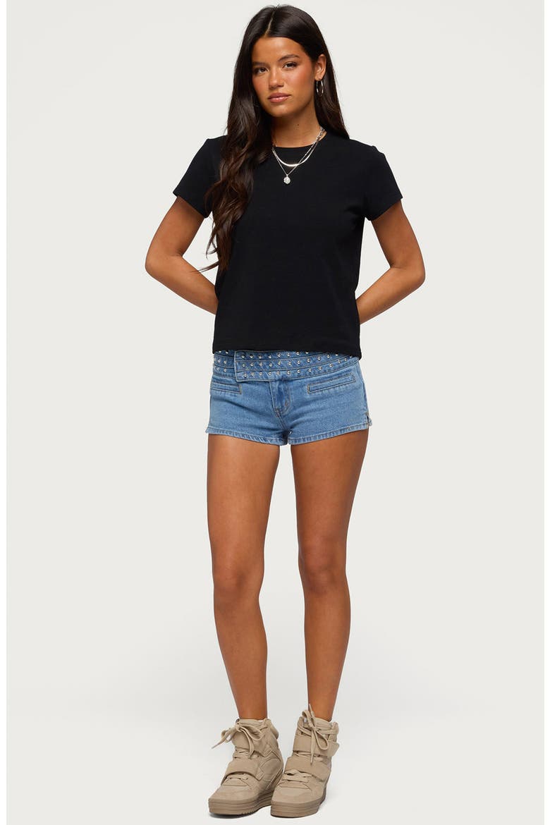 Odetta Studded Low Rise Denim Shorts, Alternate, color, LIGHT-BLUE