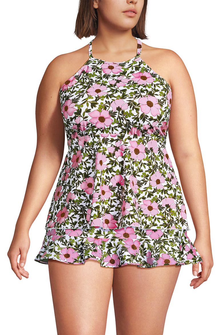 Plus Size Flutter High Neck Halter Tankini Top, Main, color, Floral Blossom/White/Pink