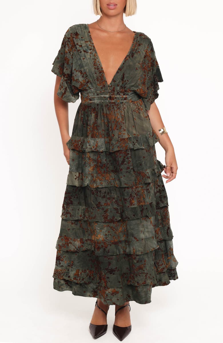 Petal & Pup Wendi Print Tiered Maxi Dress, Main, color, Jade/ Brown