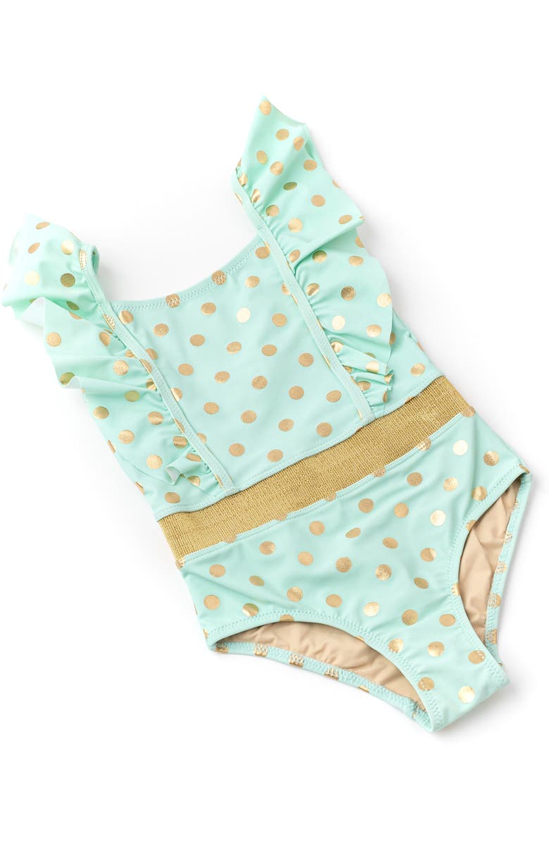 Shade Critters Kids' Foil Dot Ruffle One-Piece Swimsuit, Alternate, color, Mint